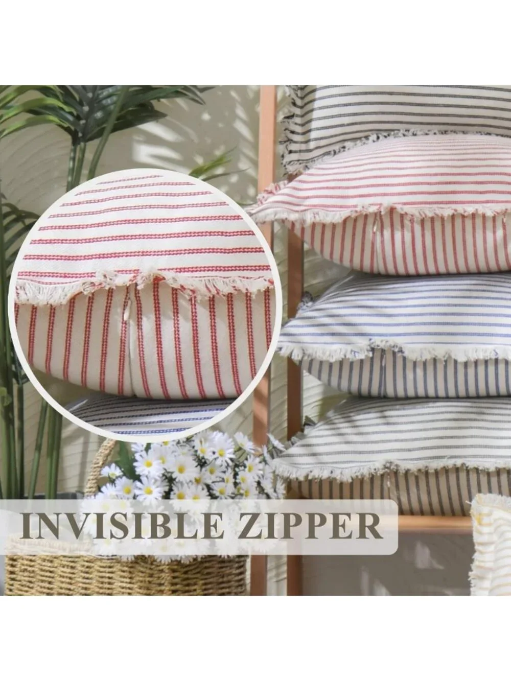 Chic Striped Throw Pillow Covers 24x24 Set of 2 with Fringe for Sofa & Bed Decor